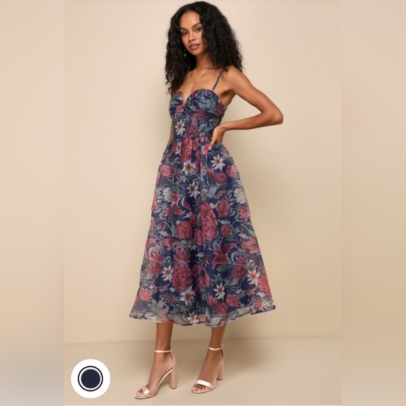 Lulu's Cherished Aura Navy Blue Floral Organza Bustier Midi Dress. Size XL. NWT - Picture 3 of 4